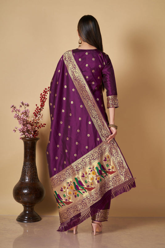 Banarasi Silk Fabric Weaving Work Festive Wear Salwar Suit In Purple Color