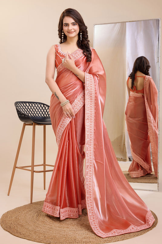 Radiant Peach Color Festival Wear Border Work Art Silk Saree