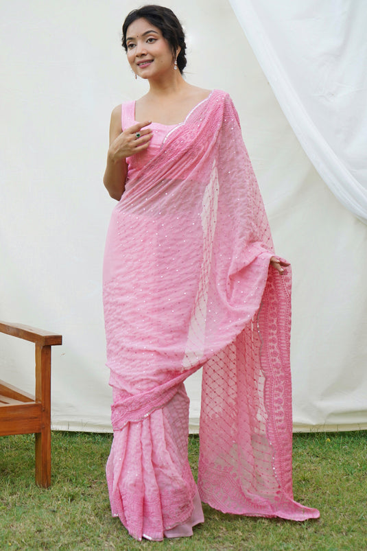 Sequins Work Soothing Festive Wear Georgette Saree In Pink Color