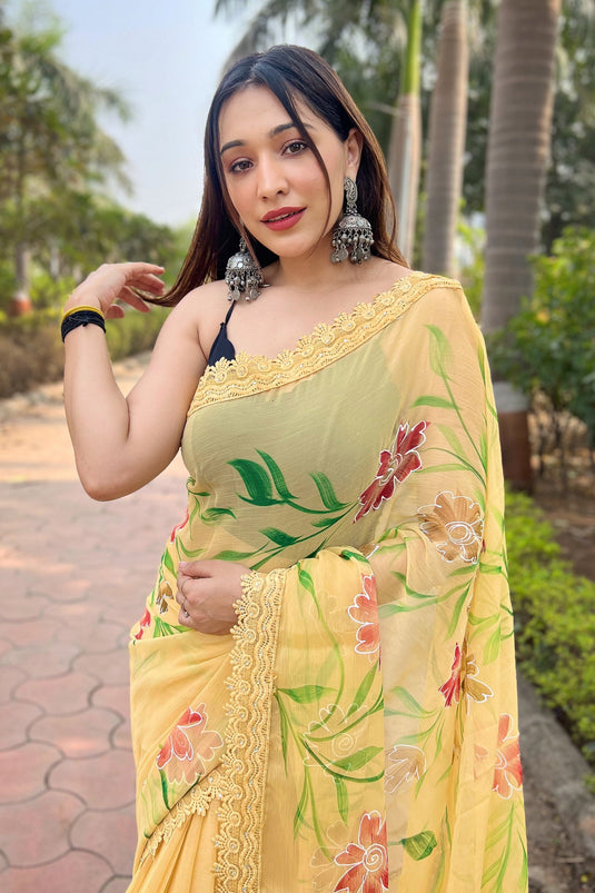 Yellow Color Fancy Fabric Floral Print Stylish Saree