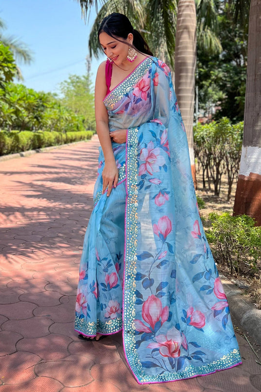 Floral Print Sky Blue Color Casual Organza Fabric Saree With Blouse