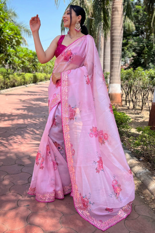 Organza Fabric Pink Color Attractive Floral Print Saree With Blouse