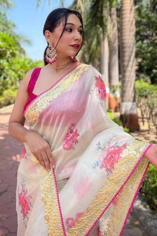 Beige Color Floral Print Daily Wear Organza Fabric Saree With Blouse