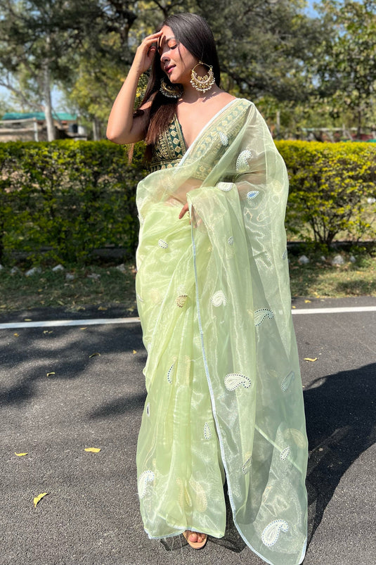 Embroidered Work Sea Green Organza Saree With Pretty Blouse