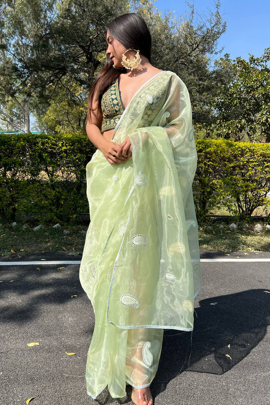 Embroidered Work Sea Green Organza Saree With Pretty Blouse
