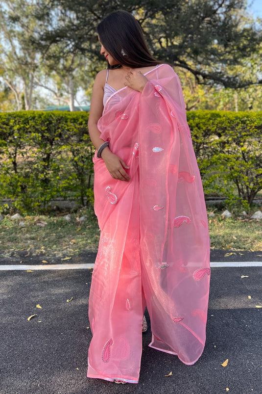 Organza Pink Excellent Embroidered Work Saree With Blouse