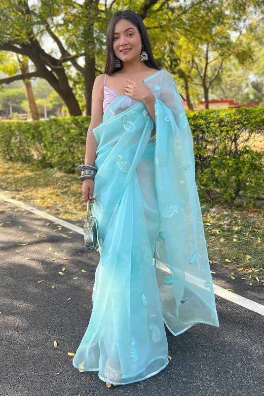 Cyan Embroidery Work Organza Saree With Blouse