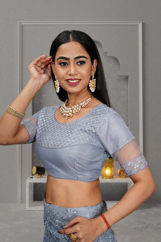 Soothing Sequins Work On Grey Color Net Fabric Lehenga