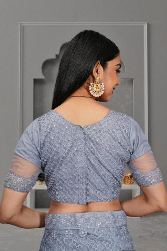 Soothing Sequins Work On Grey Color Net Fabric Lehenga