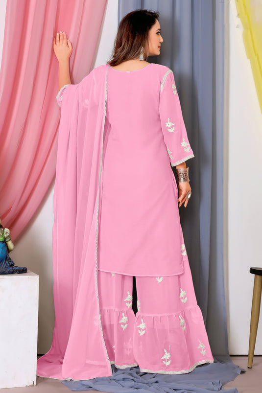 Pink Color Georgette Fabric Embroidered Tempting Palazzo Suit