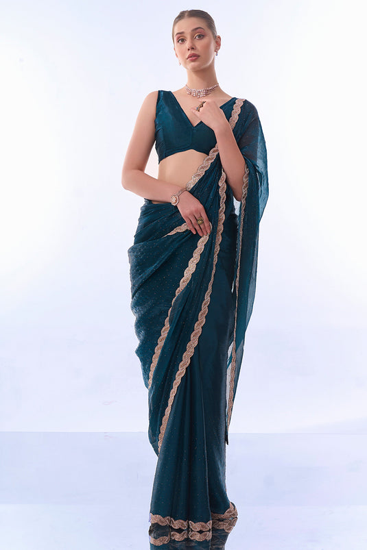 Teal Color Fascinating Swarovski work Fancy Fabric Saree