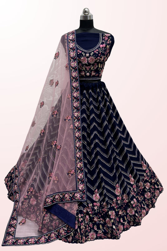 Ingenious Embroidered Navy Blue Color Georgette Fabric Designer Lehenga