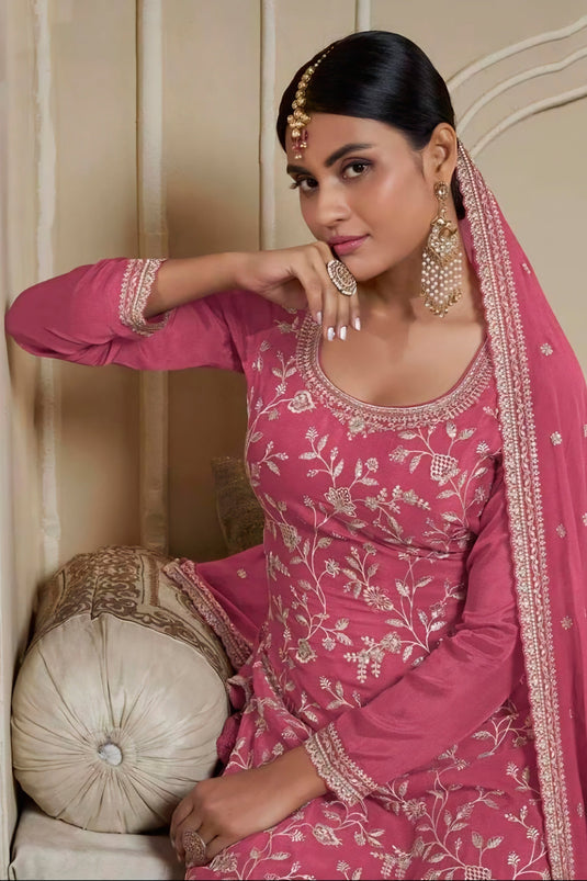 Pink Color Chinon Fabric Embroidered Tempting Sharara Suit