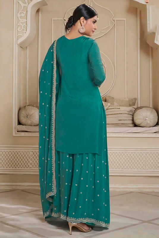 Sea Green Color Chinon Fabric Embroidered Awesome Sharara Suit