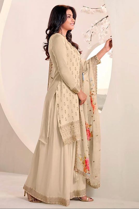 Off White Color Chinon Fabric Function Wear Classic Sharara Suit