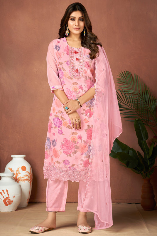 Charming Peach Color Organza Fabric Readymade Salwar Suit
