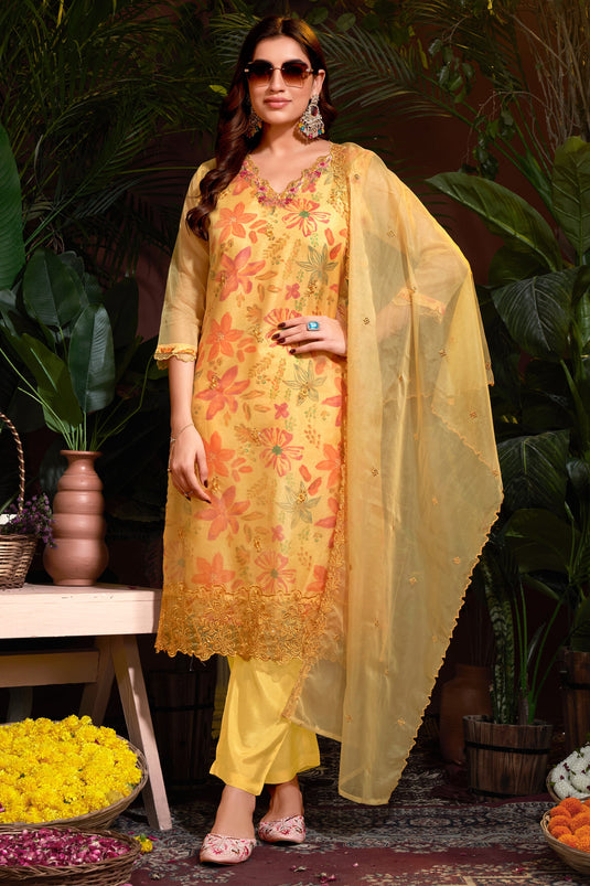 Mesmeric Yellow Color Readymade Salwar Suit In Organza Fabric