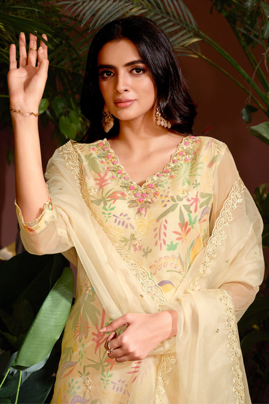 Radiant Cream Color Organza Fabric Readymade Salwar Suit