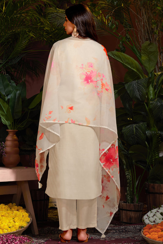Cream Color Organza Fabric Beautiful Readymade Printed Salwar Suit
