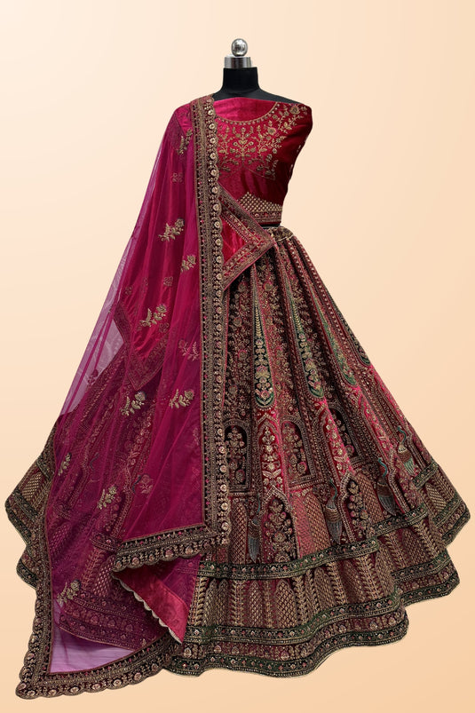 Wedding Wear Embroidered Glorious Pink Color Bridal Lehenga In Velvet Fabric