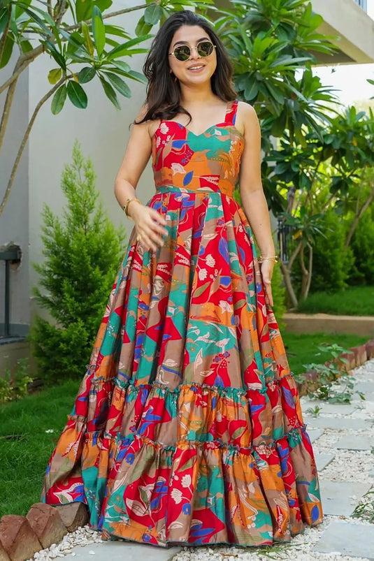 Rayon Fabric Multi Color Delicate Digital Printed Readymade Gown