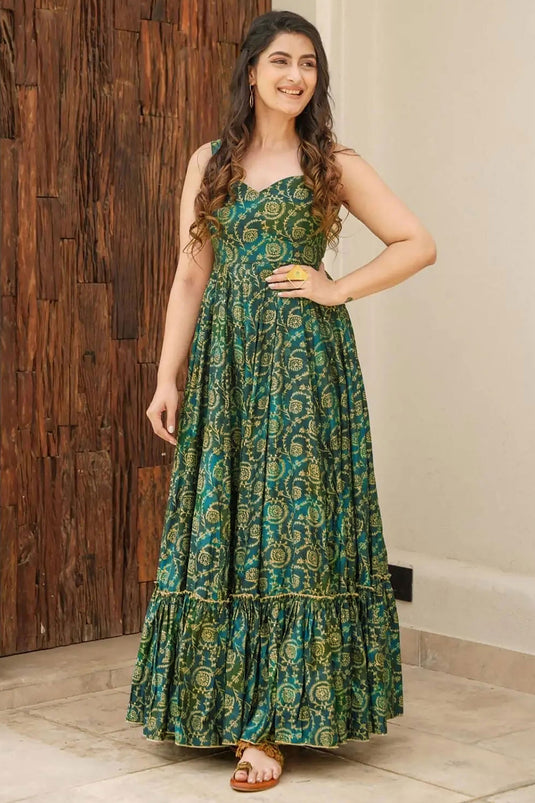 Trendy Digital Printed Rayon Fabric Green Color Readymade Gown