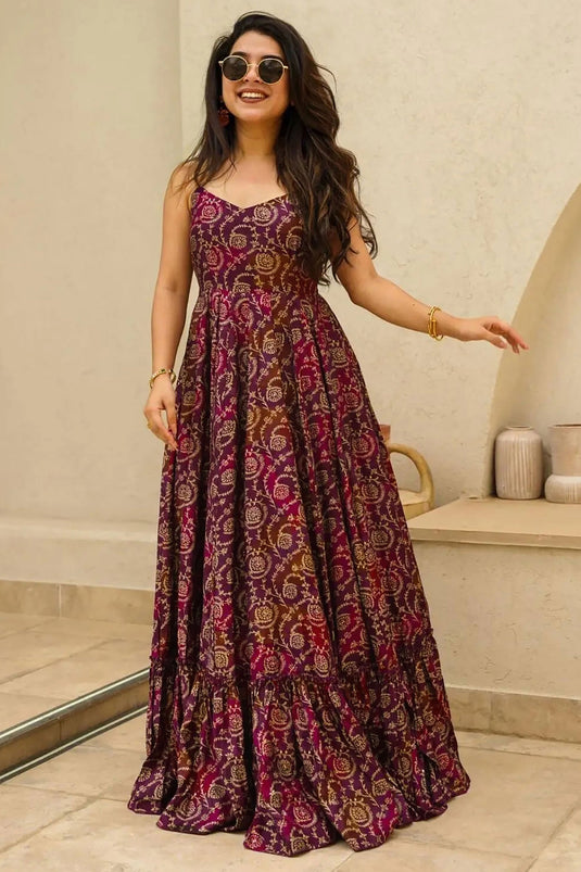 Purple Color Digital Printed Rayon Fabric Chic Readymade Gown