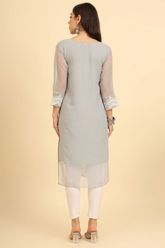 Marvellous Georgette Fabric Embroidered Kurti In Grey Color