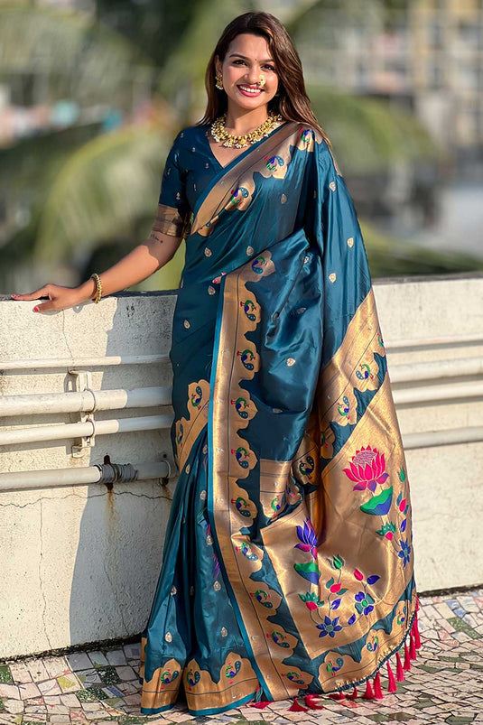 Teal Color Weaving Work Glamorous Paithani Silk Saree