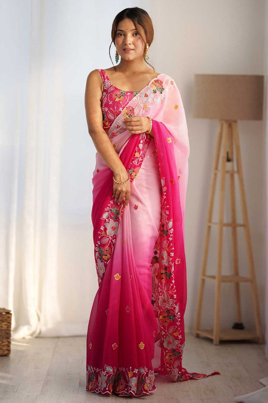 Graceful Embroidered Pink Color Georgette Saree