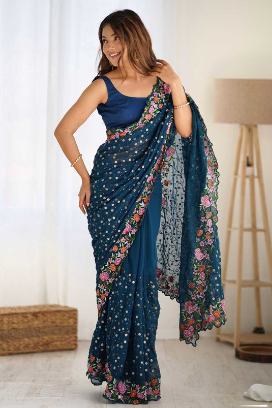 Teal Color Trendy Georgette Saree