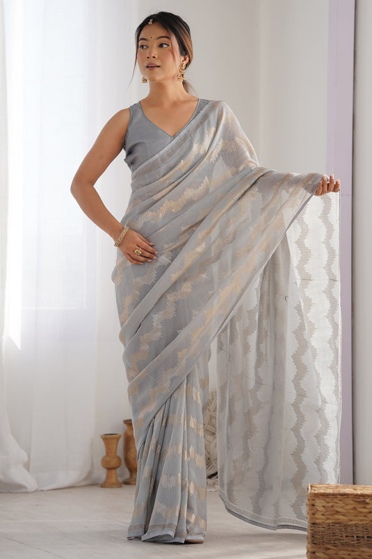 Grey Weft Sequins Work Saree