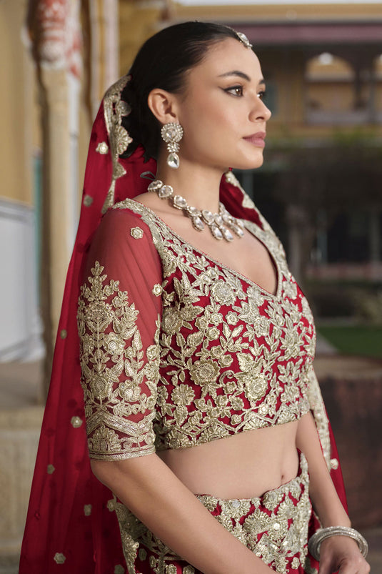 Elegance Red Net Sangeet Wear Lehenga Choli