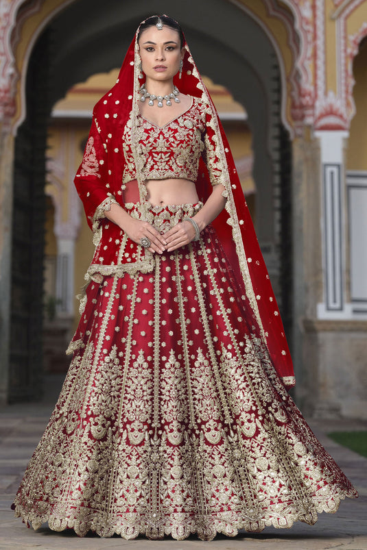 Elegance Red Net Sangeet Wear Lehenga Choli