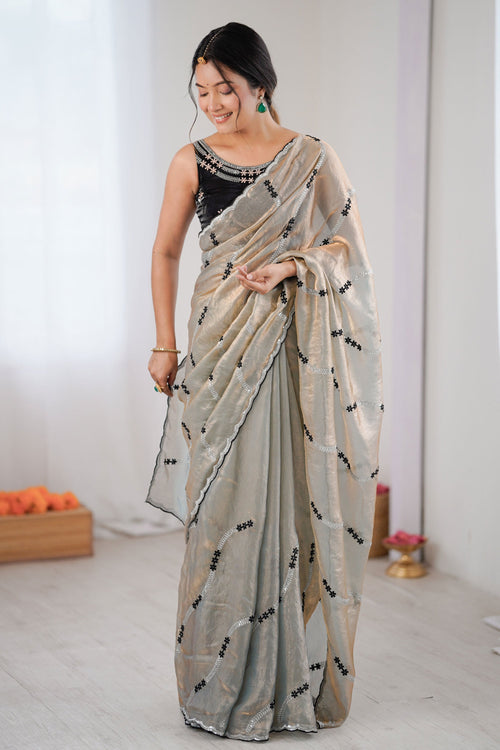 Beige Sequince Work Soothing Two Tone Satin Saree