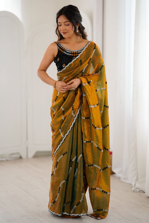 Mustard Glorious Two Tone Satin Sequince Work Saree