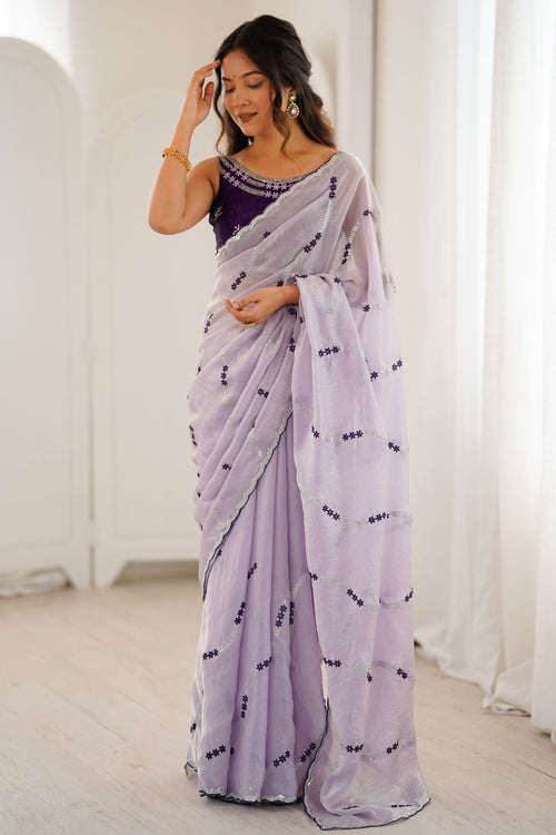 Blazing Lavender Sequince Work Two Tone Satin Saree