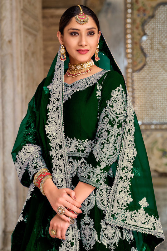 Velvet Sangeet Wear Sharara Top Lehenga In Green Color