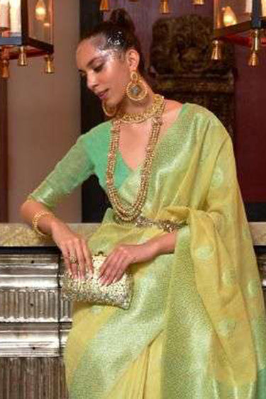 Yellow Linen Fancy Zari Weaving Border Work Saree For Function Wear