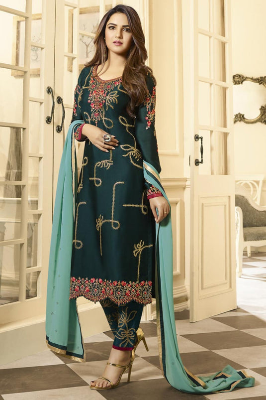 Jasmin Bhasin Incredible Satin Georgette Teal Color Salwar Suit