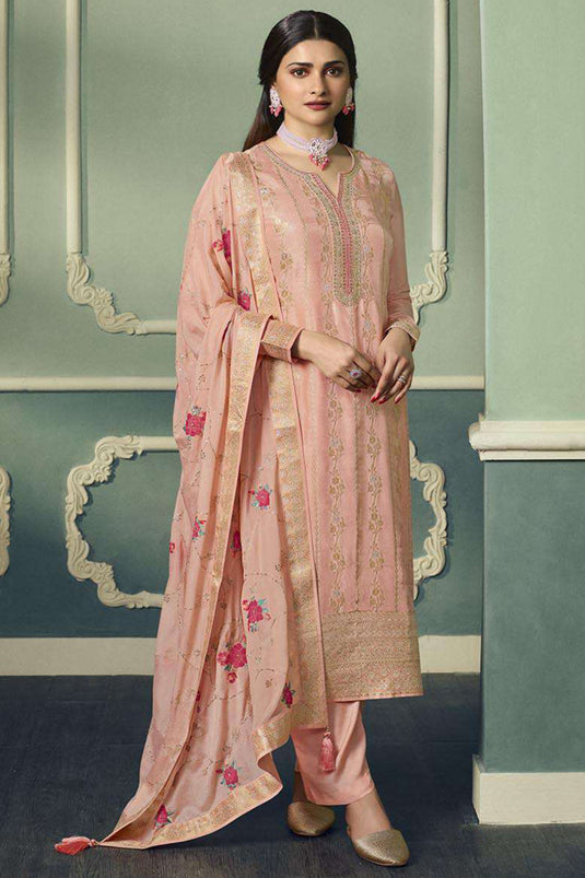 Prachi Desai Viscose Jacquard Fabric Peach Color Festive Wear Embroidered Designer Long Straight Cut Salwar Kameez