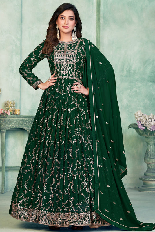 Georgette Fabric Fancy Embroidered Function Wear Anarkali Salwar Suit In Green Color