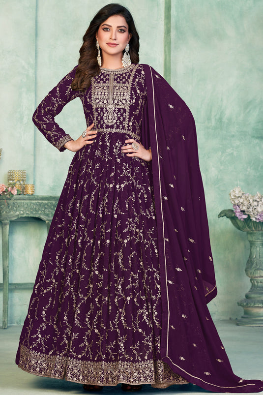 Purple Color Festive Wear Embroidered Anarkali Salwar Kameez In Georgette Fabric