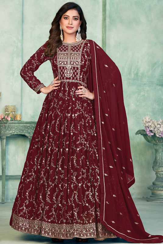 Embroidered Sangeet Wear Anarkali Salwar Kameez In Georgette Fabric Maroon Color