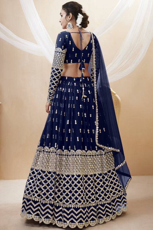 Georgette Fabric Embroidered Sangeet Wear Designer Lehenga Choli In Navy Blue Color