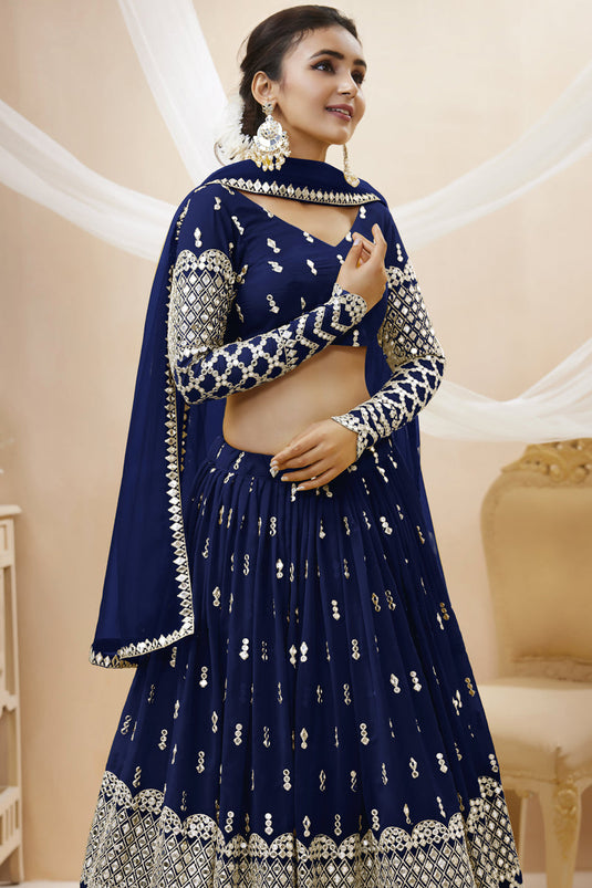 Georgette Fabric Embroidered Sangeet Wear Designer Lehenga Choli In Navy Blue Color