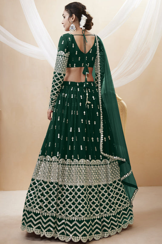 Embroidered Dark Green Color Wedding Wear Fancy Lehenga Choli In Georgette Fabric