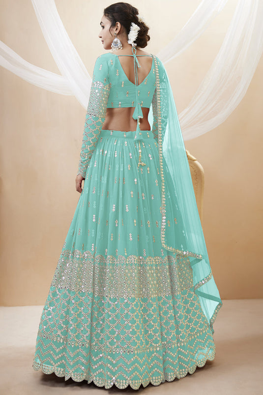 Light Cyan Color Reception Wear Georgette Fabric Embroidered Lehenga Choli