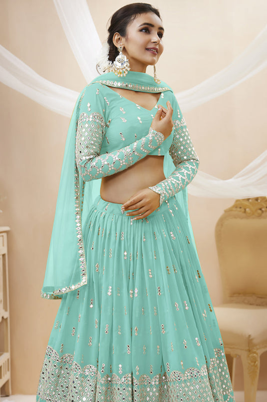 Light Cyan Color Reception Wear Georgette Fabric Embroidered Lehenga Choli