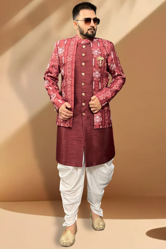 Silk Maroon Wedding Wear Readymade Lovely Peshawari Style Indo Western For Men